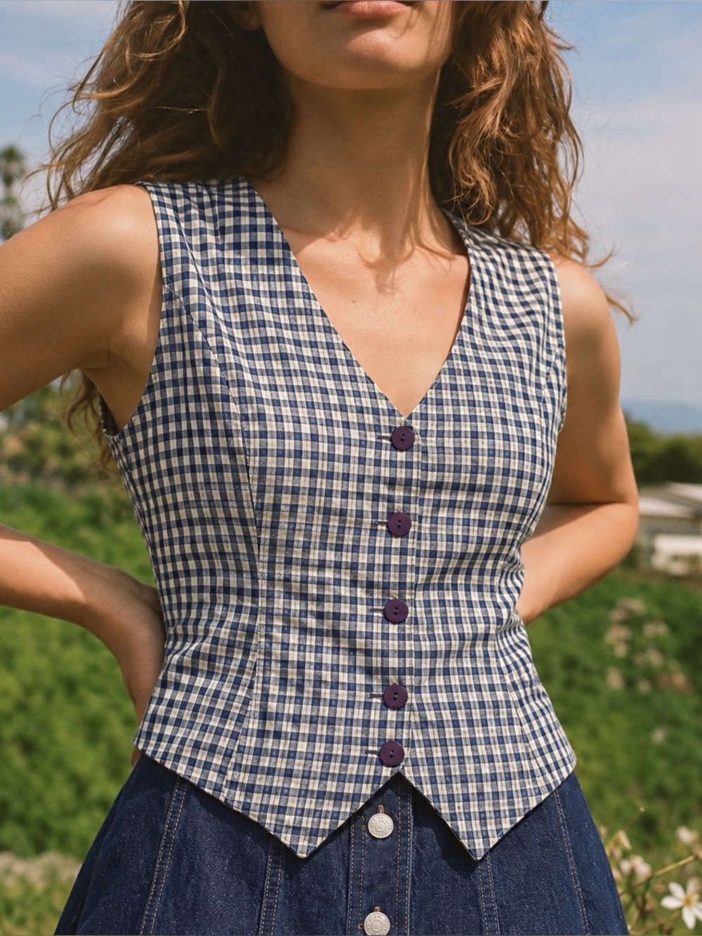 Vintage 90s Judy Knapp Plaid Vest Blue Cream Cottagecore Preppy, S